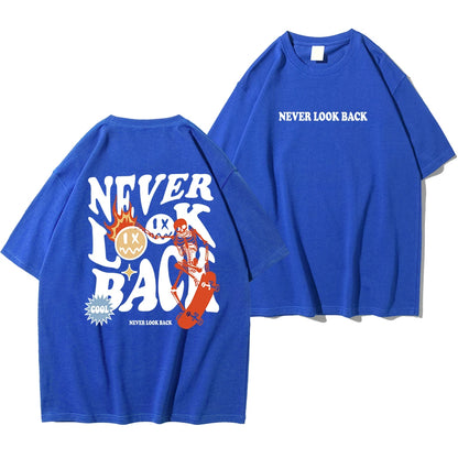 Never Look Back Creative Smile Skull Printing Cartoons Street Print Tshirt Man Loose Tee Clothes Cotton Crewneck Tops T-Shirt