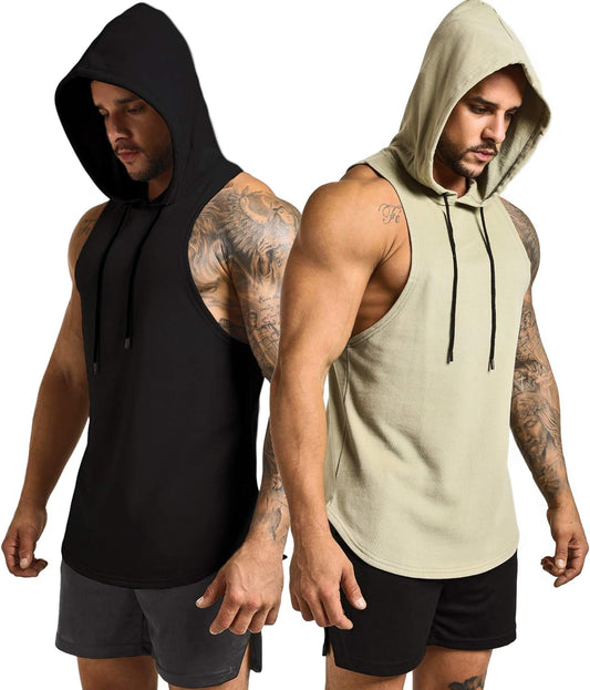 Men'S 2 Pack Workout Hooded Tank Top Cut off Bodybuilding Muscle Shirt Hoodies Gym Pullover Sleeveless T-Shirts Black Green L