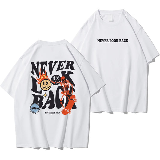 Never Look Back Creative Smile Skull Printing Cartoons Street Print Tshirt Man Loose Tee Clothes Cotton Crewneck Tops T-Shirt